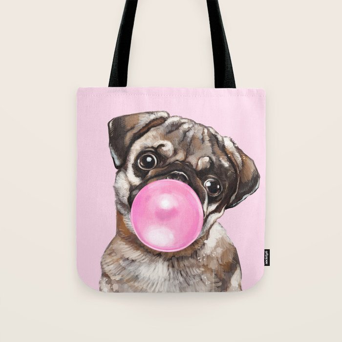 Pug with Pink Bubble Gum Tote Bag Gallery Image 1