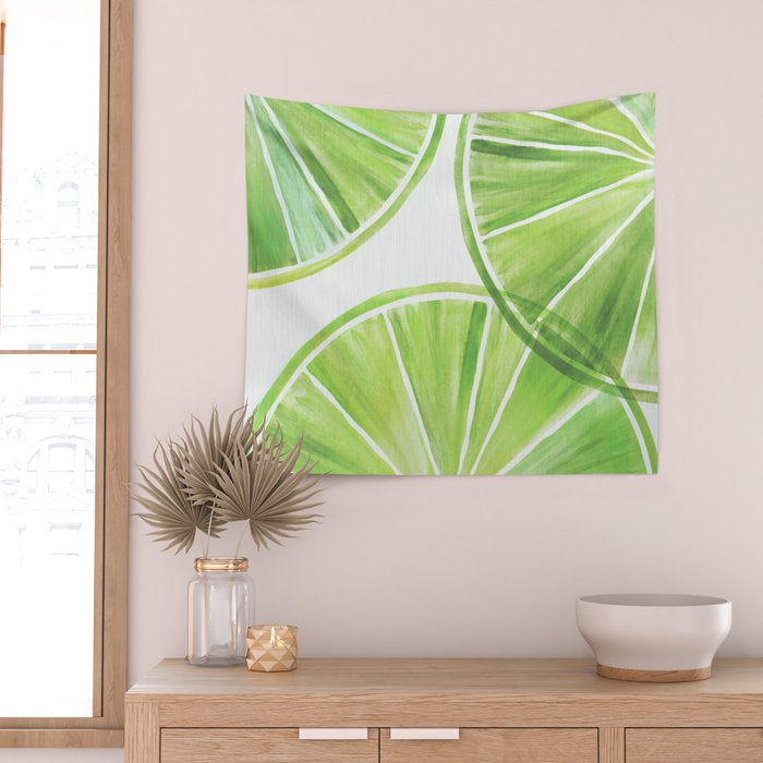 Fresh Lime Citrus Abstract Watercolor Wall Tapestry Gallery Image 2