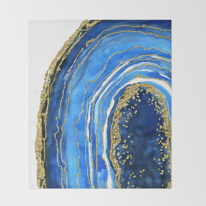 Cobalt blue and gold geode in watercolor (2) Throw Blanket Gallery Image 2