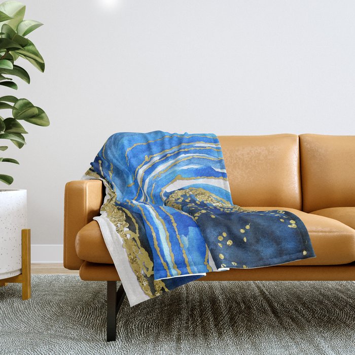 Cobalt blue and gold geode in watercolor (2) Throw Blanket Gallery Image 1
