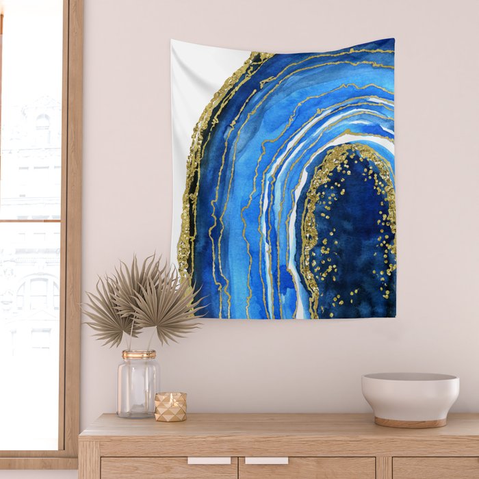 Cobalt blue and gold geode in watercolor (2) Wall Tapestry Gallery Image 2