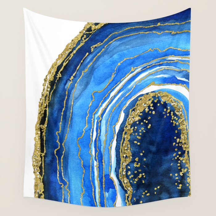 Cobalt blue and gold geode in watercolor (2) Wall Tapestry Gallery Image 1
