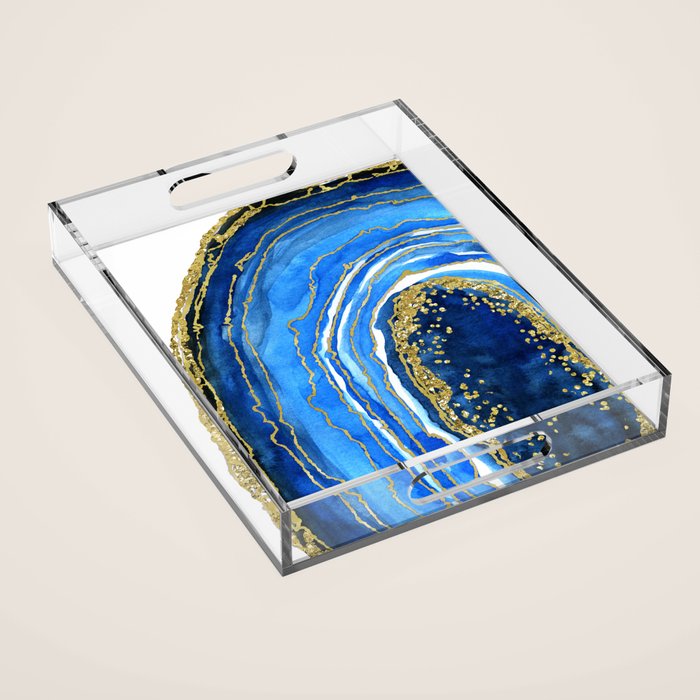 Cobalt blue and gold geode in watercolor (2) Acrylic Tray Gallery Image 1