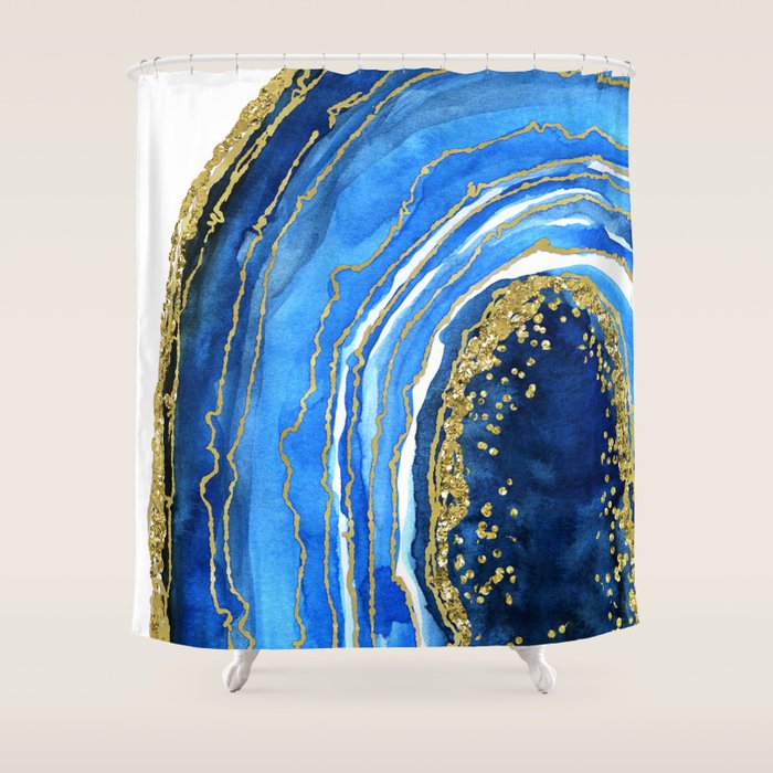 Cobalt blue and gold geode in watercolor (2) Shower Curtain Gallery Image 1