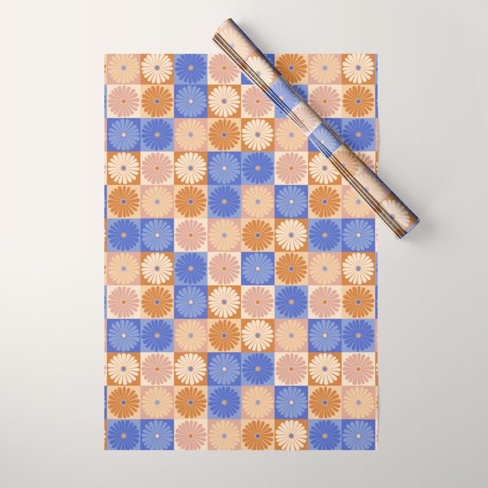 Retro Flowers Check Pattern XXII Wrapping Paper Gallery Image 1