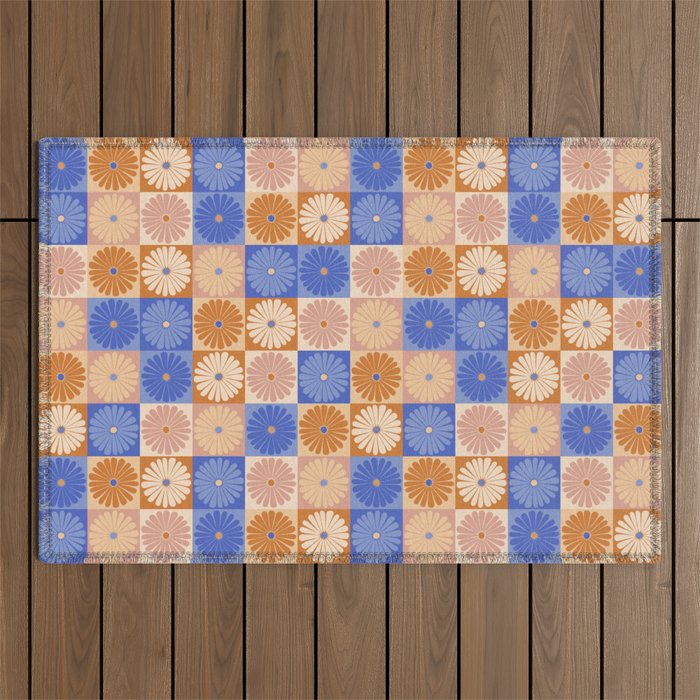 Retro Flowers Check Pattern XXII Outdoor Rug Gallery Image 1