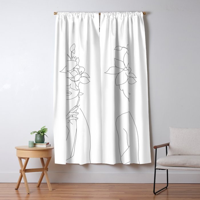 Minimal Line Art Woman with Orchids Window Curtain Gallery Image 1