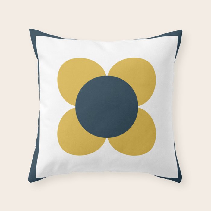 Scandi Flower Single - Retro Minimalist Floral Pattern in Light Mustard, Navy Blue, and White Throw Pillow Gallery Image 1