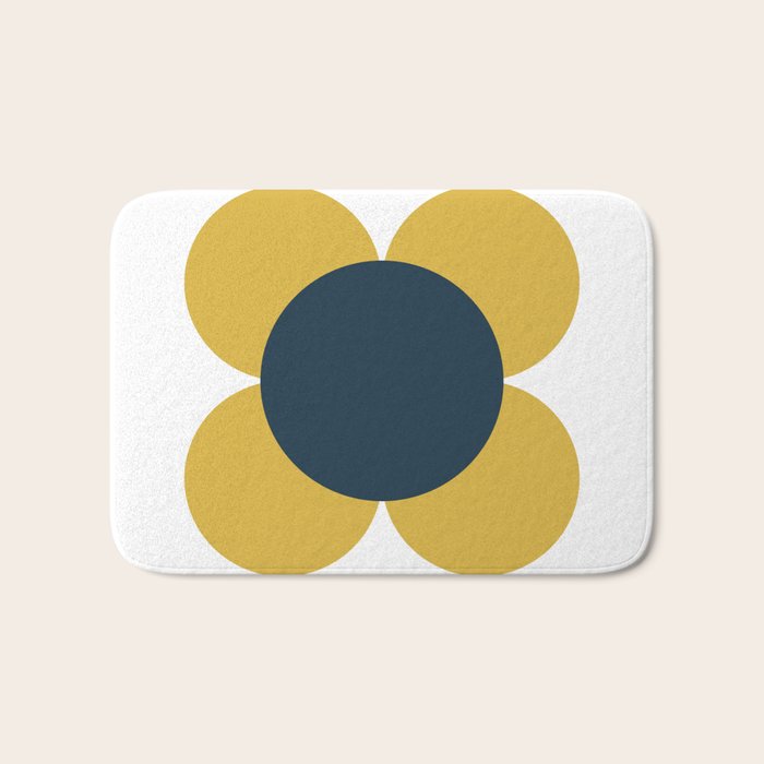Scandi Flower Single - Retro Minimalist Floral Pattern in Light Mustard, Navy Blue, and White Bath Mat Gallery Image 1