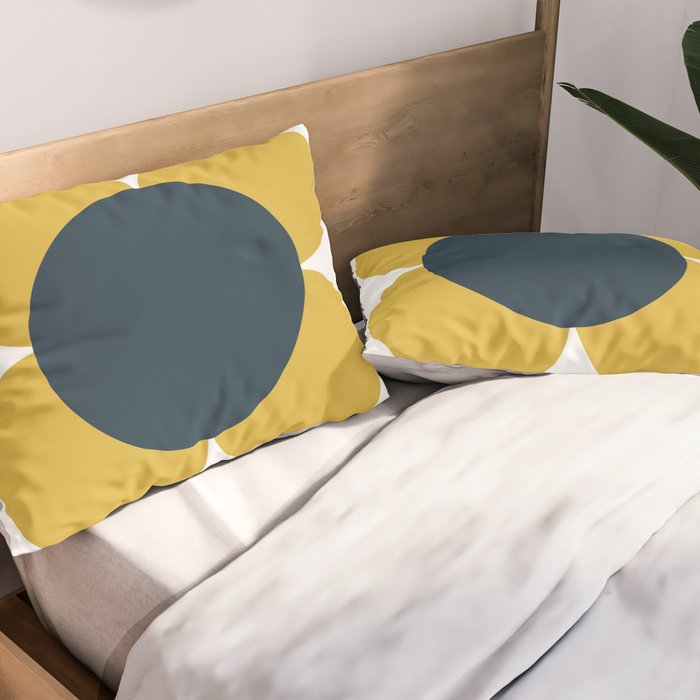 Scandi Flower Single - Retro Minimalist Floral Pattern in Light Mustard, Navy Blue, and White Pillow Sham Gallery Image 2