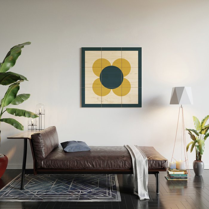 Scandi Flower Single - Retro Minimalist Floral Pattern in Light Mustard, Navy Blue, and White Wood Wall Art Gallery Image 2