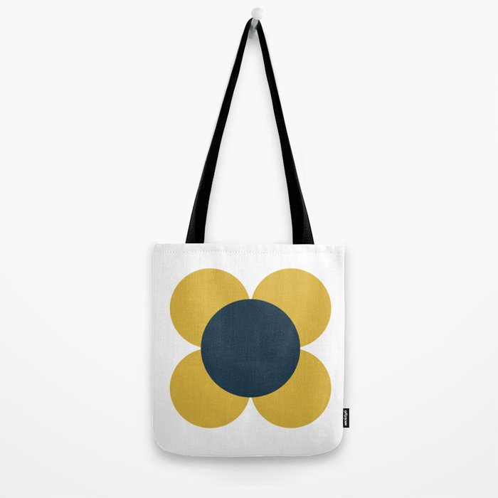 Scandi Flower Single - Retro Minimalist Floral Pattern in Light Mustard, Navy Blue, and White Tote Bag Gallery Image 2
