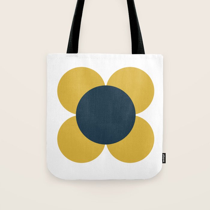 Scandi Flower Single - Retro Minimalist Floral Pattern in Light Mustard, Navy Blue, and White Tote Bag Gallery Image 1