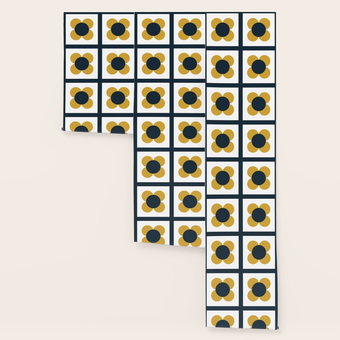 Scandi Flower Single - Retro Minimalist Floral Pattern in Light Mustard, Navy Blue, and White Wallpaper Gallery Image 3