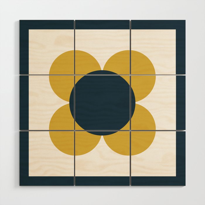 Scandi Flower Single - Retro Minimalist Floral Pattern in Light Mustard, Navy Blue, and White Wood Wall Art Gallery Image 1