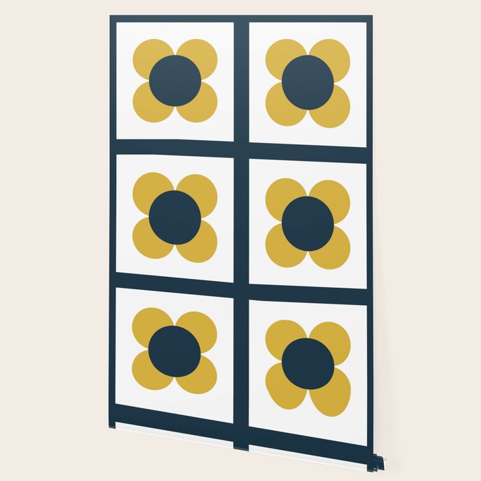 Scandi Flower Single - Retro Minimalist Floral Pattern in Light Mustard, Navy Blue, and White Wallpaper Gallery Image 2