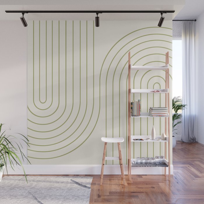 Minimal Line Curvature LXXXVII Creme & Green Mid Century Modern Arch Abstract Wall Mural Gallery Image 1
