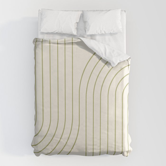 Minimal Line Curvature LXXXVII Creme & Green Mid Century Modern Arch Abstract Duvet Cover Gallery Image 6