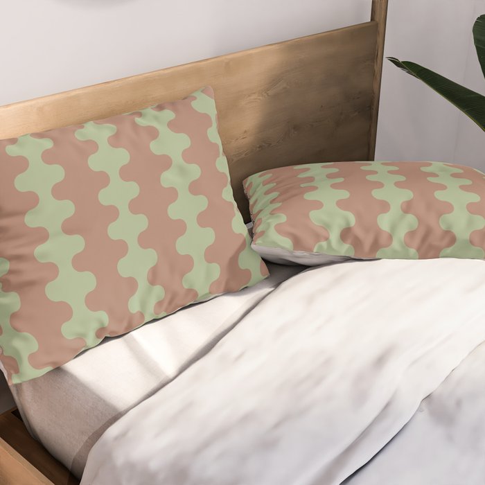 Wavy Stripes Ogee A-Go-Go Pattern in Mocha Brown and Earthy Sage Green Pillow Sham Gallery Image 2