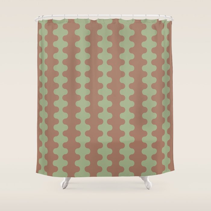 Wavy Stripes Ogee A-Go-Go Pattern in Mocha Brown and Earthy Sage Green Shower Curtain Gallery Image 1