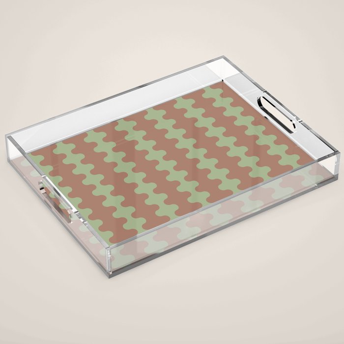 Wavy Stripes Ogee A-Go-Go Pattern in Mocha Brown and Earthy Sage Green Acrylic Tray Gallery Image 1
