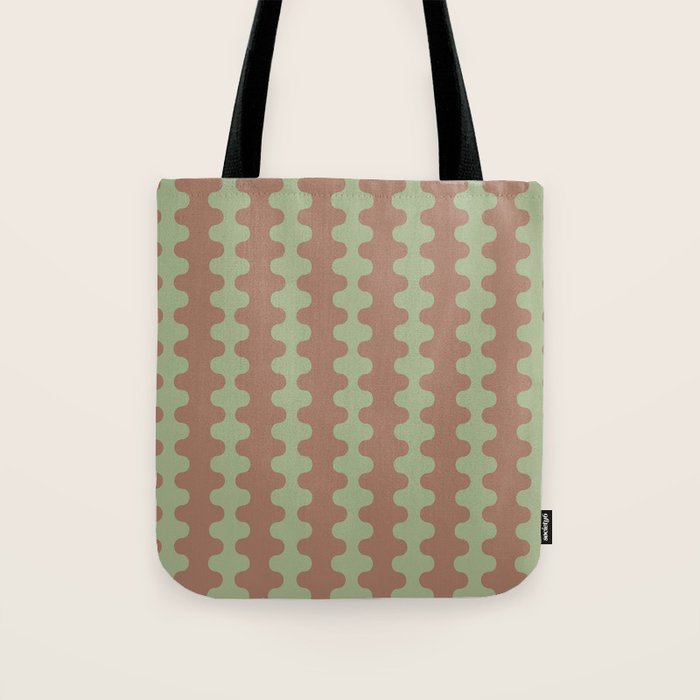 Wavy Stripes Ogee A-Go-Go Pattern in Mocha Brown and Earthy Sage Green Tote Bag Gallery Image 1
