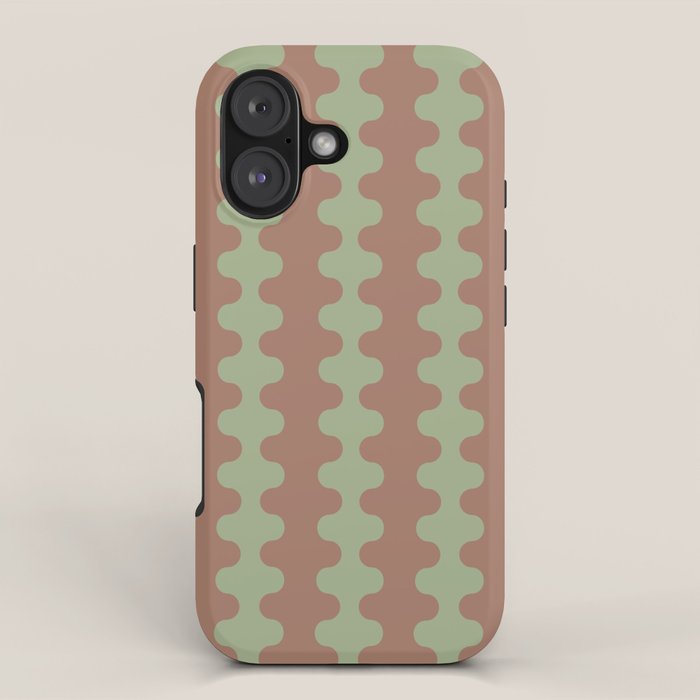 Wavy Stripes Ogee A-Go-Go Pattern in Mocha Brown and Earthy Sage Green iPhone Case Gallery Image 1
