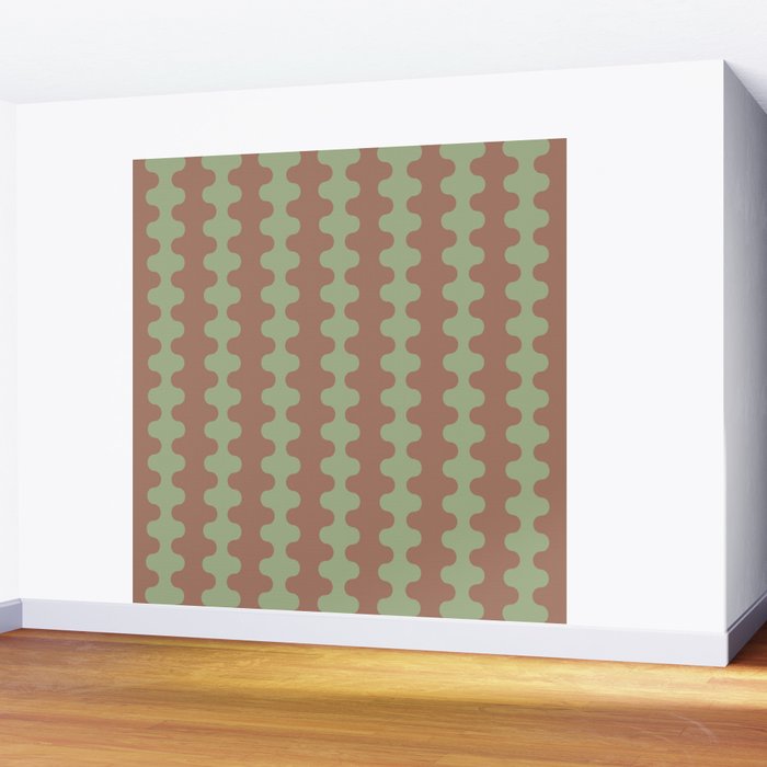 Wavy Stripes Ogee A-Go-Go Pattern in Mocha Brown and Earthy Sage Green Wall Mural Gallery Image 2