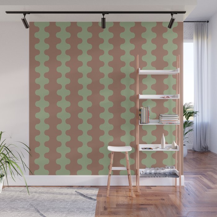 Wavy Stripes Ogee A-Go-Go Pattern in Mocha Brown and Earthy Sage Green Wall Mural Gallery Image 1