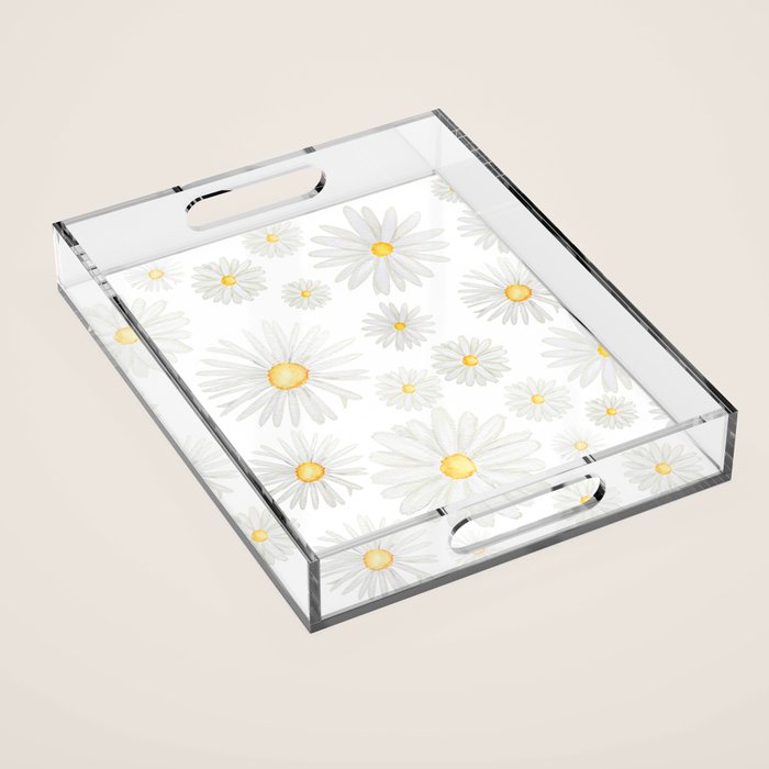white daisy pattern watercolor Acrylic Tray Gallery Image 1