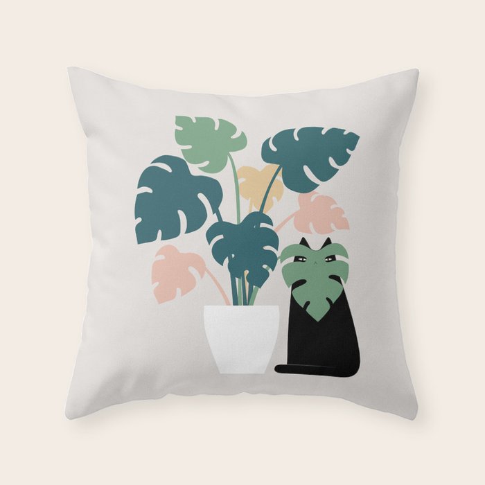 Cat and Plant 21: Leaf Me Alone Throw Pillow Gallery Image 1