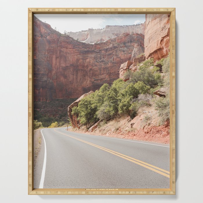 Road Trough Zion National Park Photo | Colors Of Utah Landscape Art Print | USA Travel Photography Serving Tray Gallery Image 1