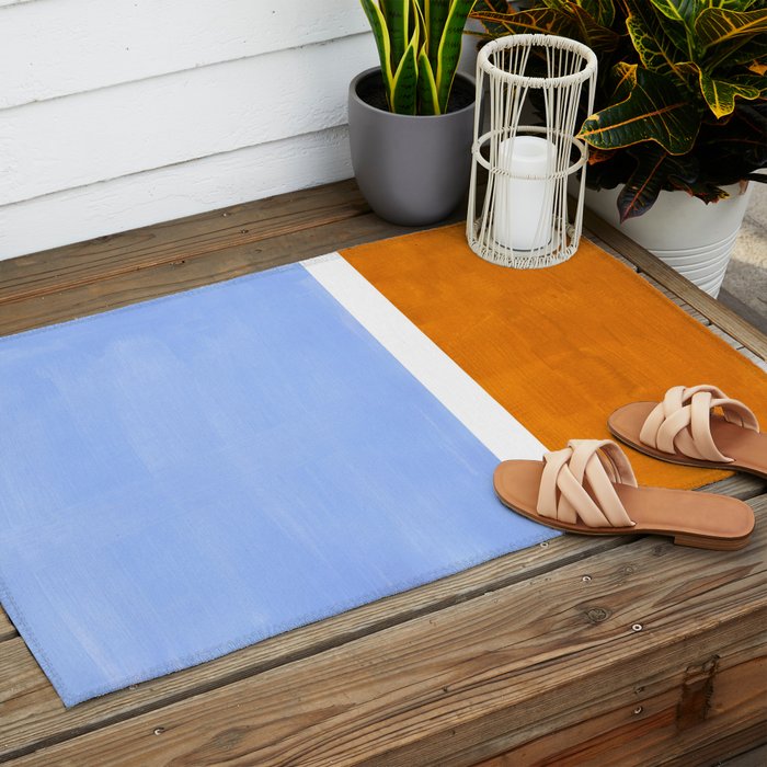 Pastel Royal Blue Yellow ochre Mid Century Modern Abstract Minimalist Rothko Color Field Squares Outdoor Rug Gallery Image 2