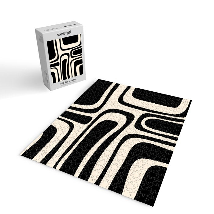Palm Springs - Midcentury Modern Abstract Pattern in Black and Almond Cream  Jigsaw Puzzle Gallery Image 2