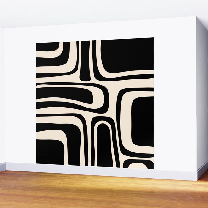 Palm Springs - Midcentury Modern Abstract Pattern in Black and Almond Cream  Wall Mural Gallery Image 2