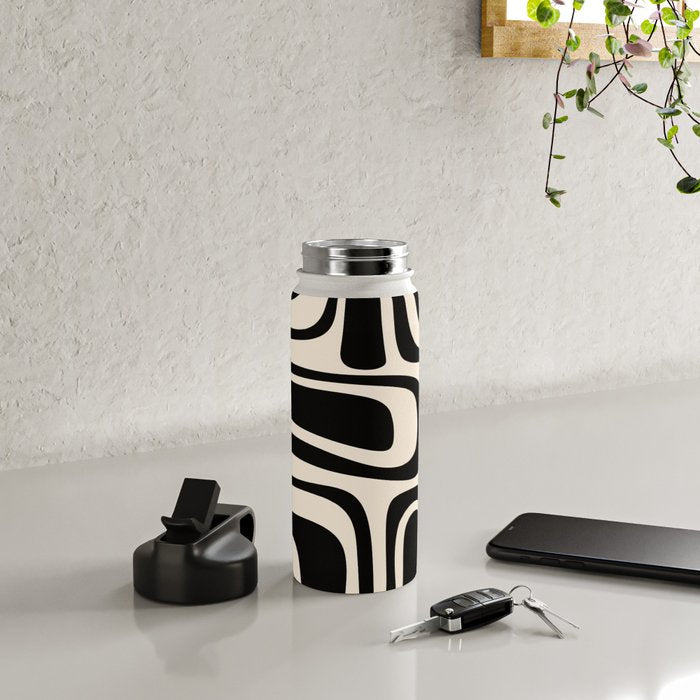 Palm Springs - Midcentury Modern Abstract Pattern in Black and Almond Cream  Water Bottle Gallery Image 4