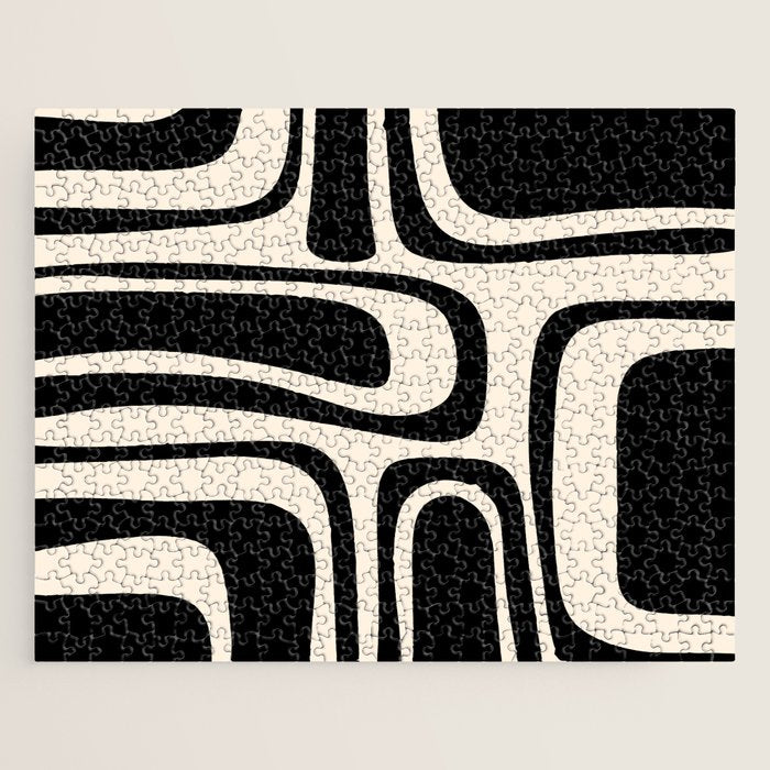Palm Springs - Midcentury Modern Abstract Pattern in Black and Almond Cream  Jigsaw Puzzle Gallery Image 1
