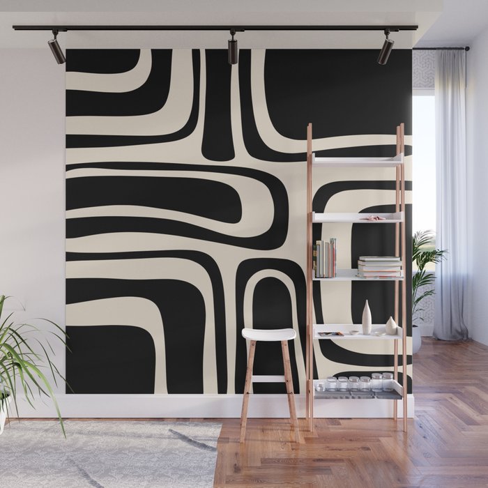 Palm Springs - Midcentury Modern Abstract Pattern in Black and Almond Cream  Wall Mural Gallery Image 1