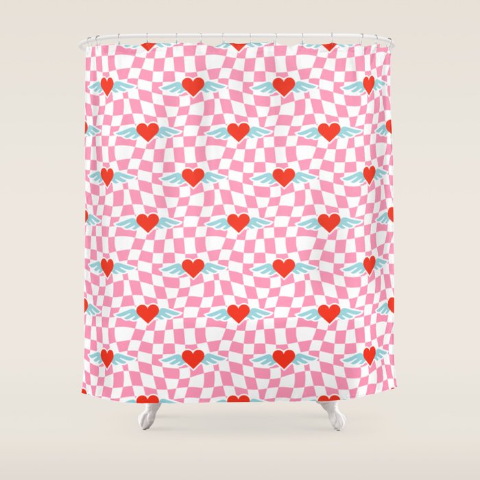 Red love heart checkered pattern Shower Curtain Gallery Image 1