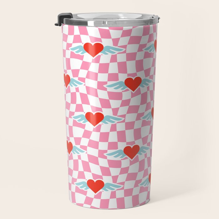 Red love heart checkered pattern Travel Mug Gallery Image 3