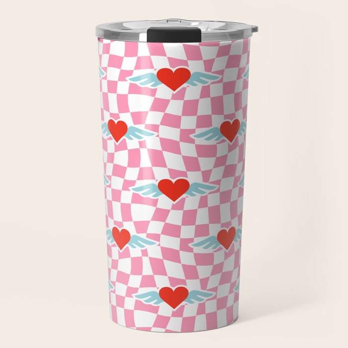 Red love heart checkered pattern Travel Mug Gallery Image 1