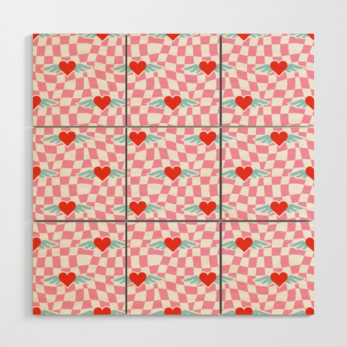 Red love heart checkered pattern Wood Wall Art Gallery Image 1