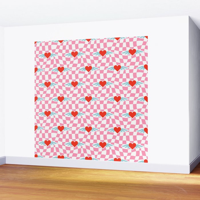 Red love heart checkered pattern Wall Mural Gallery Image 2