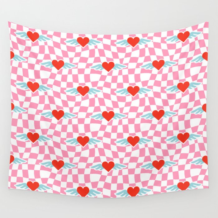 Red love heart checkered pattern Wall Tapestry Gallery Image 1