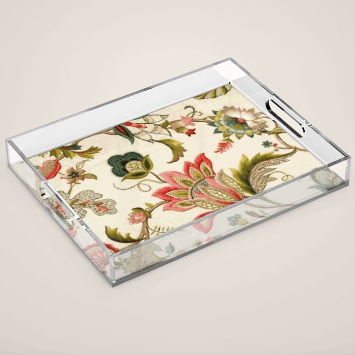 Jacobean Floral Crewel Embroidery Pattern Digital Art Vector Painting Acrylic Tray Gallery Image 1