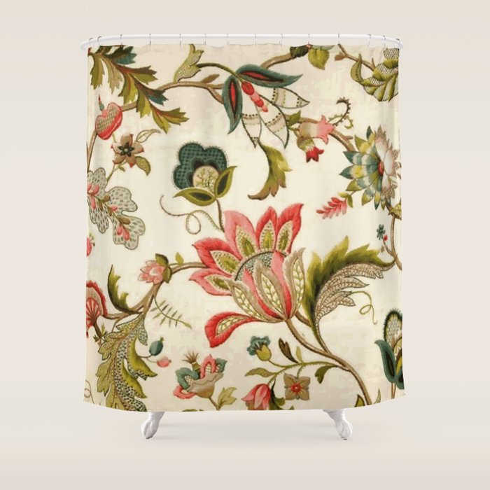 Jacobean Floral Crewel Embroidery Pattern Digital Art Vector Painting Shower Curtain Gallery Image 1