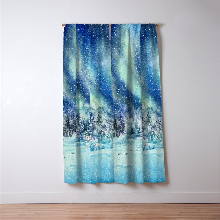 Magical Log Cabin Snowy Northern Lights Forest Landscape Window Curtain Gallery Image 3