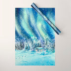 Magical Log Cabin Snowy Northern Lights Forest Landscape Wrapping Paper Gallery Image 1