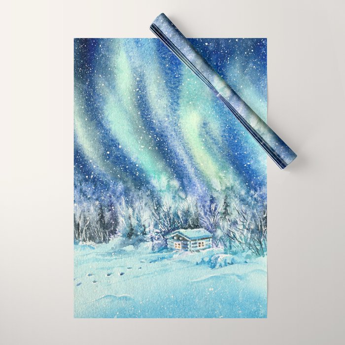 Magical Log Cabin Snowy Northern Lights Forest Landscape Wrapping Paper Gallery Image 1
