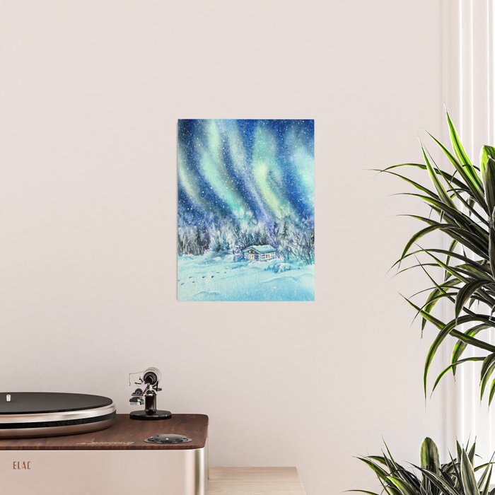 Magical Log Cabin Snowy Northern Lights Forest Landscape Poster Gallery Image 2